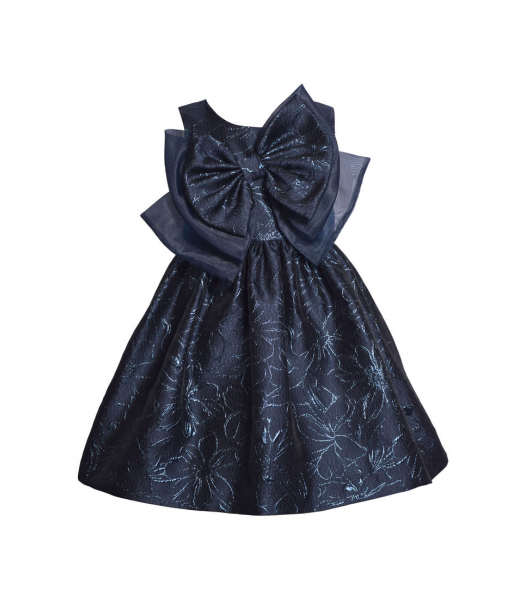 Bonnie Jean Navy Sleeveless Metallic Floral Layered Jacquard with Organza Bow Dress